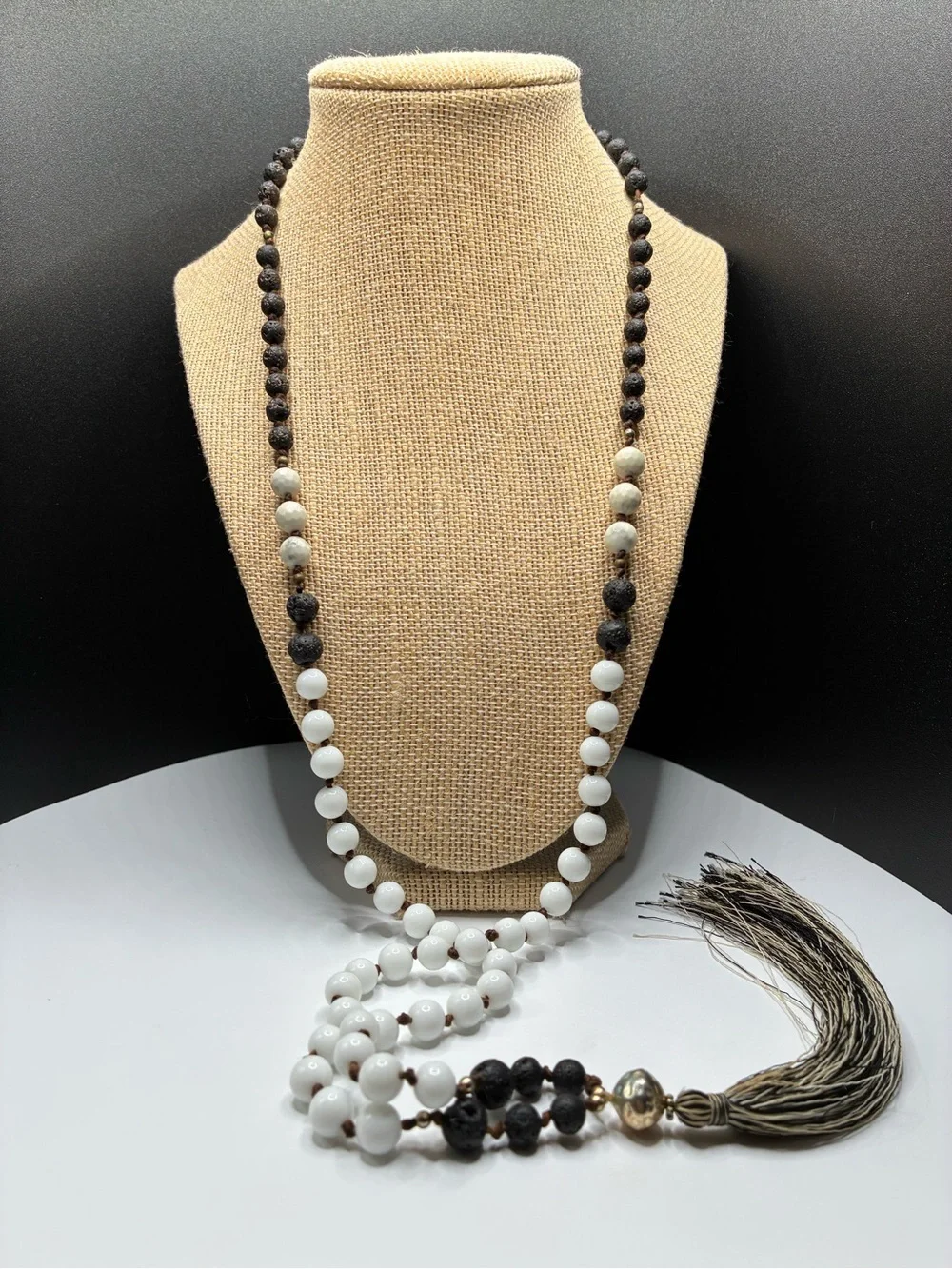 Vintage Layered Mixed Black and White Beaded Necklace with Tassel